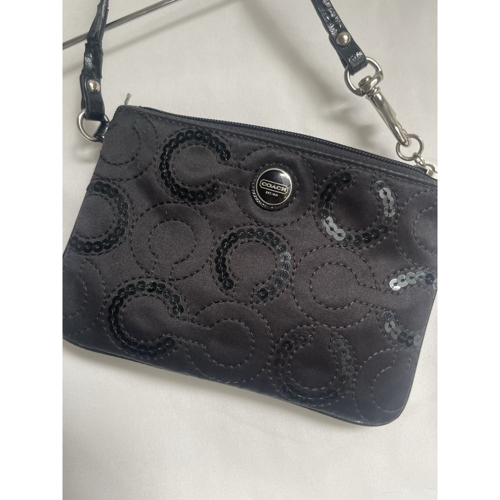 black sequin C COACH monogram letter zip wristlet wallet